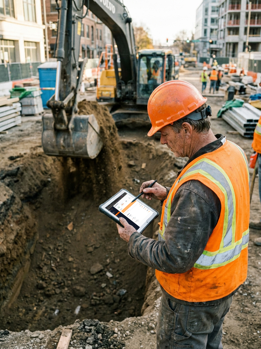 Polier nutzt Bau-Check auf dem Tablet